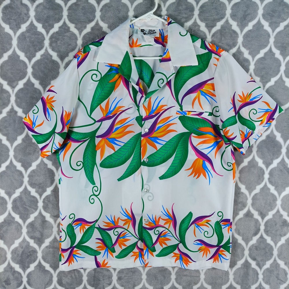 Hilo Hattie Hawaiian Shirt Mens XL White Bird of Paradise Floral Aloha Vintage